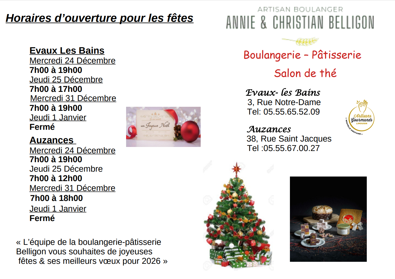 Horaires d'ouverture pour les fêtes